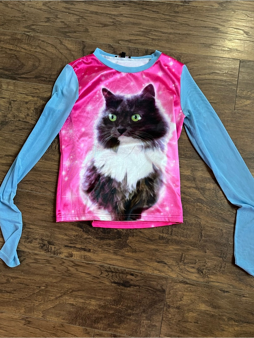 dELiA*s Pink Front Blue Sleeve Cat Graphic Pet Top with Mesh sleeves Dollskill